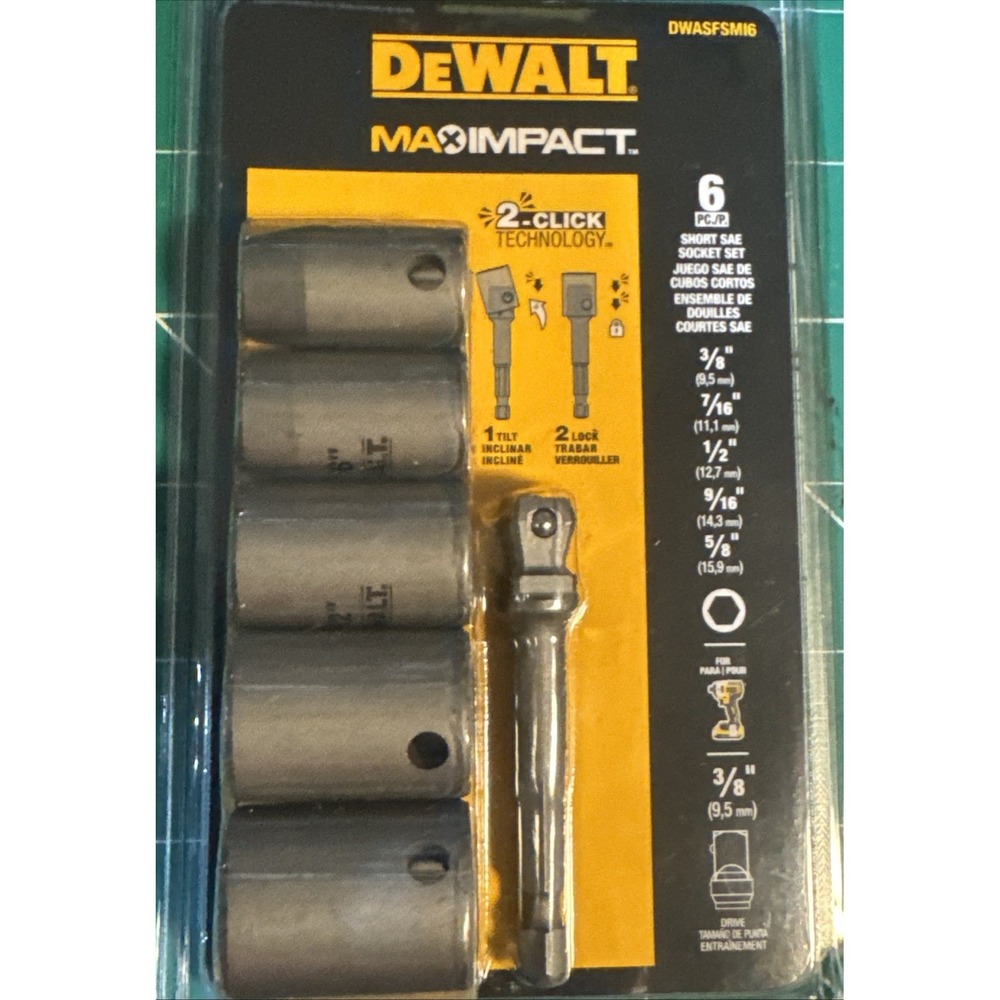 Dewalt MAX Impact 3/8" Drive SAE Socket Set 6 Piece DWASFSMI6 2-Click Technology